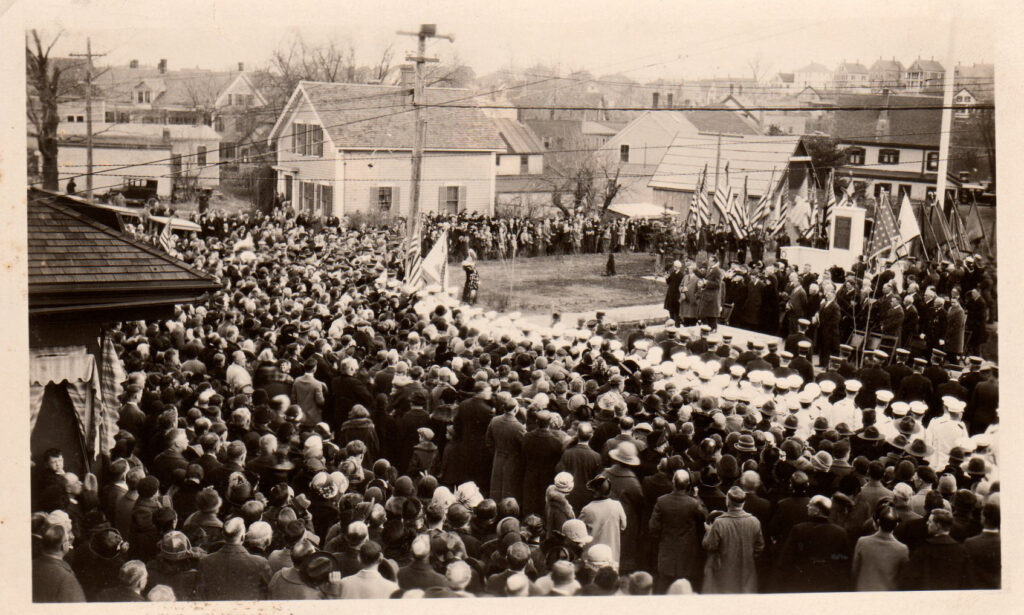 Large crowd in Memorial Park, Maynard MA, during a Dedication Ceremony